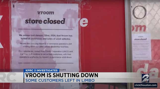 Screenshot of news report covering Vroom shutdown