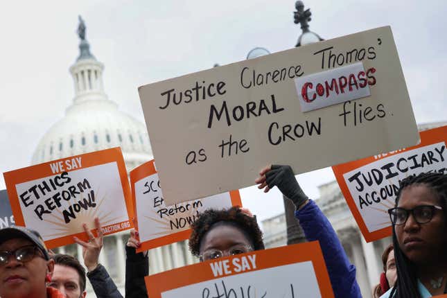 WASHINGTON, DC - MAY 02: Activists attend a press conference on Supreme Court ethics reform outside of the U.S. Capitol on May 02, 2023 in Washington, DC. A group of Democratic Senators are calling on legislation for a judicial ethics code that would govern all federal judges, including the nine Supreme Court Justices. 