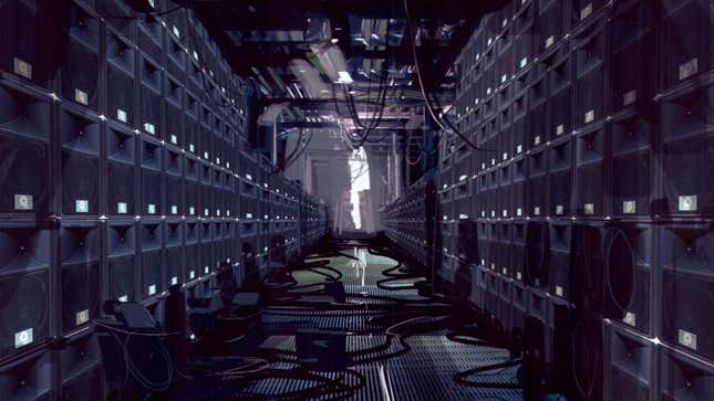 A hallway of speakers stretches toward an opening.