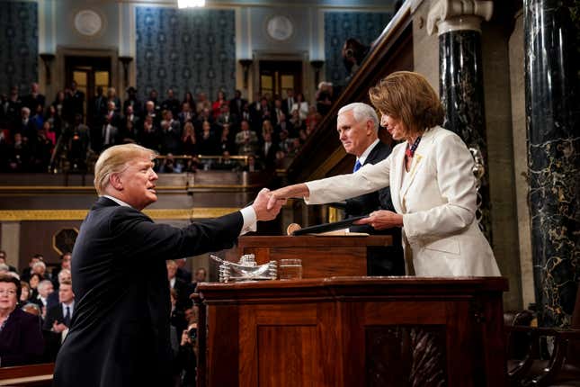 The greetings of counterparts as Mike Pence looks on.