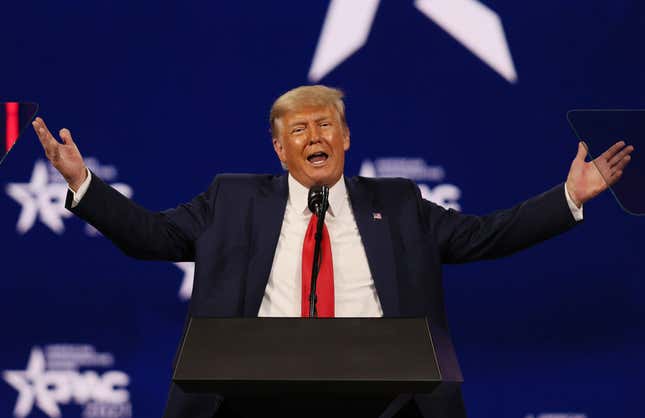  Former U.S. President Donald Trump addresses the Conservative Political Action Conference (CPAC) held in the Hyatt Regency on February 28, 2021, in Orlando, Florida.