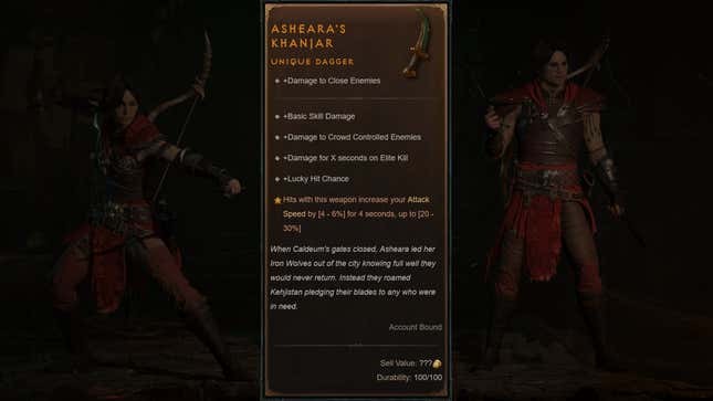 A composite image shows stats for Asheara's Khanjar.