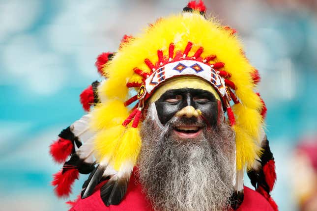 A Washington Redskins fan looks on prior to the game between the Washington Redskins and the Miami Dolphins at Hard Rock Stadium on October 13, 2019 in Miami, Florida. 