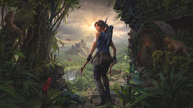 Lara Croft stands in a jungle overlooking a pyramid in the distance