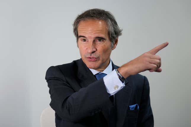 Rafael Mariano Grossi, the director-general of the International Atomic Energy Agency, speaks with The Associated Press at the COP28 U.N. Climate Summit, Thursday, Nov. 30, 2023, in Dubai, United Arab Emirates. (AP Photo/Rafiq Maqbool)