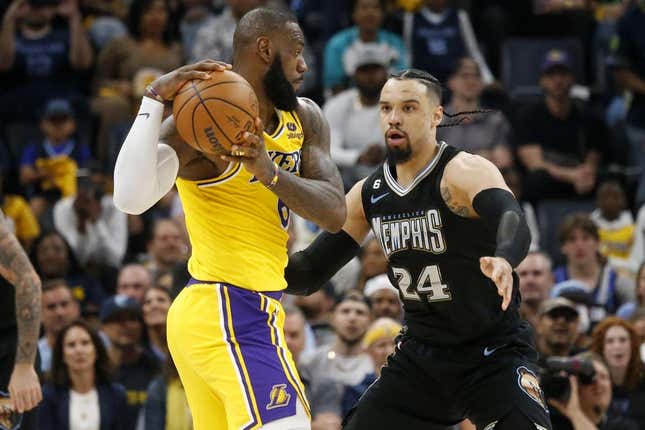 Memphis Grizzlies forward Dillon Brooks (24) defends Los Angeles Lakers forward LeBron James (6) during the second half during game two of the 2023 NBA playoffs at FedExForum.