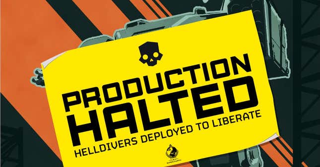 A snippet from a poster announcing mech production has been halted.