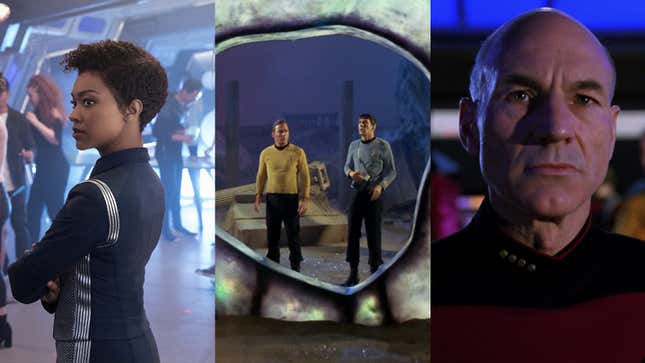 Sonequa Martin-Green's Michael Burnham, William Shatner and Leonard Nimoy's Kirk and Spock in the original series costumes, and Patrick Stewart's Jean-Luc Picard from Star Trek: The Next Generation.