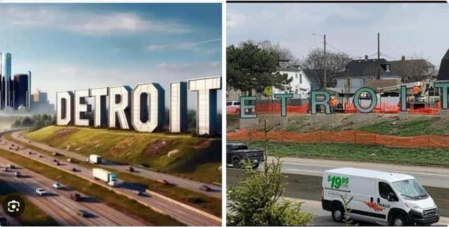 Two images with reading signs "DETROIT" in large letters.
