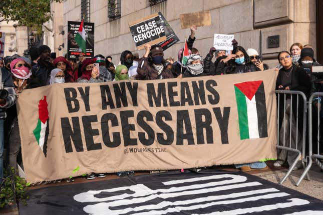  Students participate in a protest in support of Palestine and for free speech outside of the Columbia University campus on November 15, 2023 in New York City. The university suspended two student organizations, Students for Justice in Palestine, and Jewish Voices for Peace, for violating university policies. The tense atmosphere at many college campuses has increased as student groups, activists and others have protested both in support of Israel and Palestine.