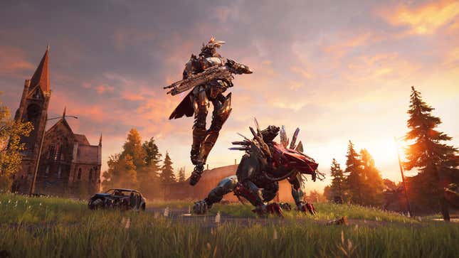 Two giant mechs in front of a church, with the sun very appropriately setting.