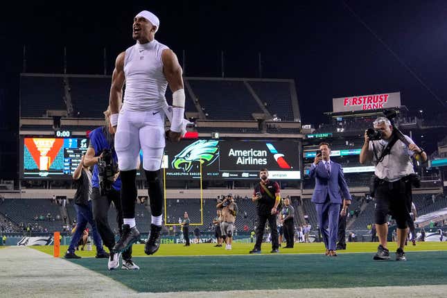  Jalen Hurts #1 of the Philadelphia Eagles celebrates after beating the Minnesota Vikings 24-7 at Lincoln Financial Field on September 19, 2022, in Philadelphia, Pennsylvania.