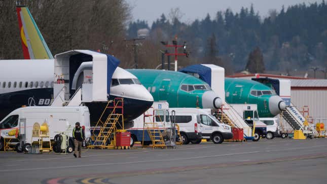 Boeing 737 MAX airplanes, including the 737 MAX 9 test plane (L), are seen at Renton Municipal Airport, on March 14, 2019 in Renton, Washington.