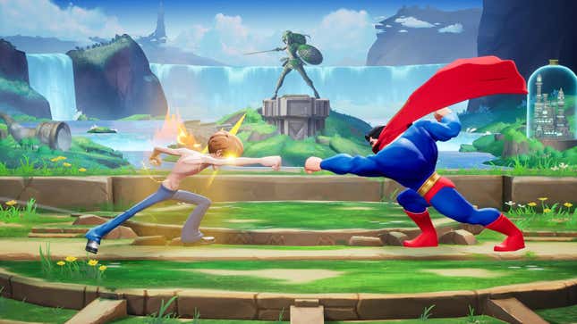Shaggy and Superman make punch gestures at each other, with an Amazon statue in the background.