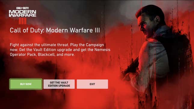 Eine Vollbildanzeige zeigt Kaufoptionen für Call of Duty.
