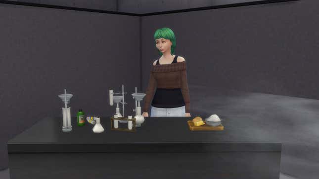 A Sims character stands behind a table covered in equipment.