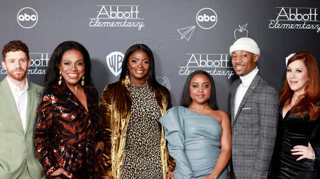 Chris Perfetti, left; Sheryl Lee Ralph, Janelle James, Quinta Brunson, Tyler James Williams and Lisa Ann Walter attend the premiere of “Abbott Elementary” in Burbank, California on December 4, 2021.