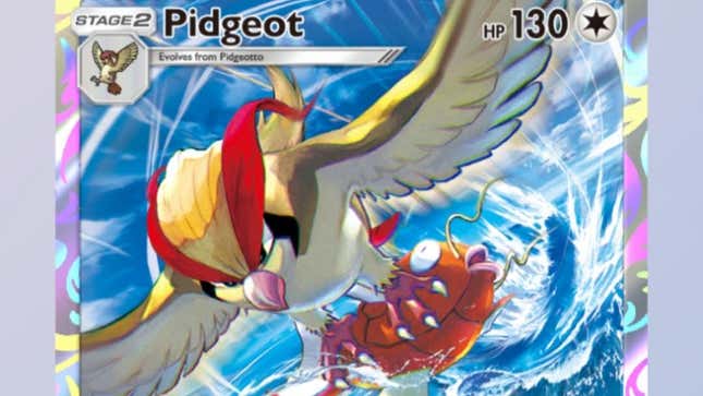 The Pidgeot card shows the bird grabbing hold of a Magikarp.