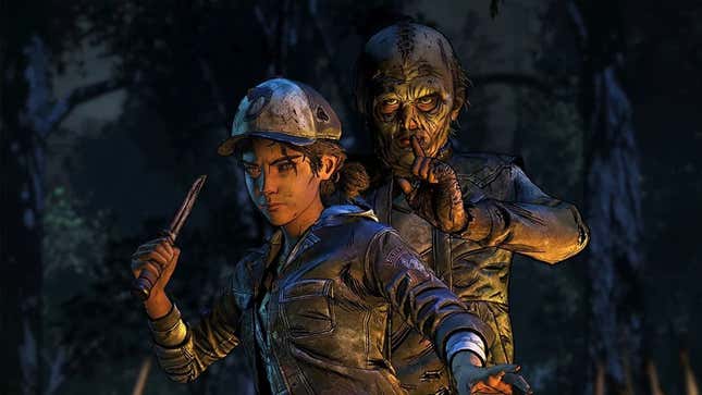 A screenshot The Walking Dead showing the series protagonist Clementine wielding a knife. A character in a zombie mask is standing behind her.