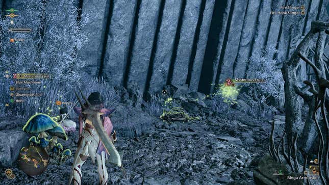 In a corner of Wyveria, a hunter highlights different items in their area.