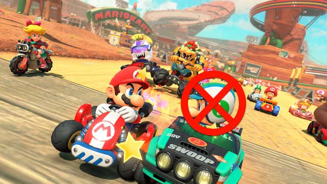 An X-sign appears over Luigi's head as he races Mario and other characters.