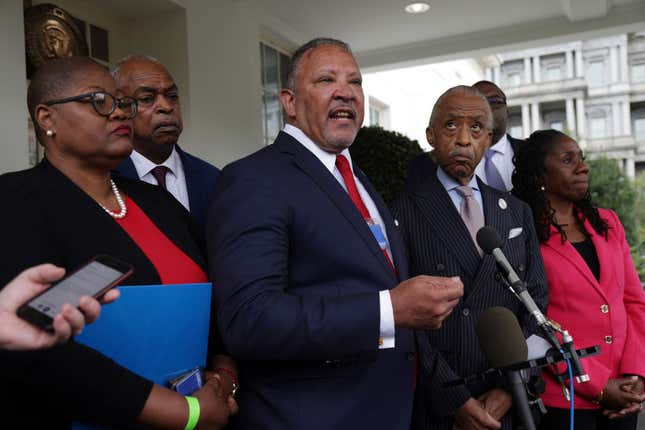 Civil rights leader Marc Morial of the National Urban League speaks as (L-R) Melanie Campbell of the National Coalition for Black Civic Participation, Wade Henderson of the Leadership Conference for Civil &amp; Human Rights, Johnnetta B. Cole of the National Council of Negro Women, the Rev. Al Sharpton of the National Action Network and Sherrilyn Ifill of the NAACP Legal Defense Fund listen at a briefing outside the West Wing of the White House following a meeting with President Joe Biden and Vice President Kamala Harris July 8, 2021, in Washington, DC.