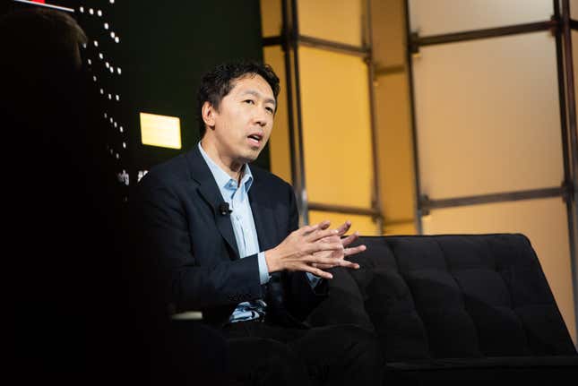 Andrew Ng, chief executive officer and founder of Landing AI, speaks during the Power of Data: Sooner Than You Think global technology conference in the Brooklyn in 2019.