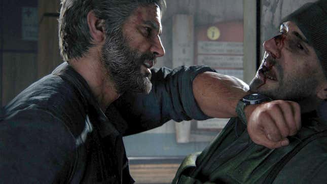 Joel holds a Firefly soldier against a wall.