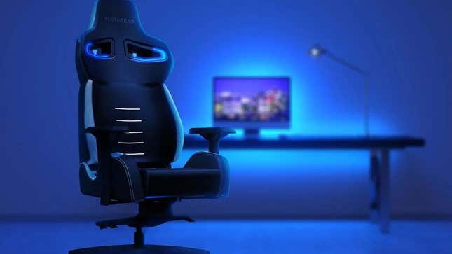 One of Vertagear's RGB chairs sitting ominously in front of a desk. 