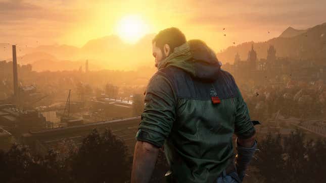 A man stands in an athletic jacket with his back to the viewer before a city at sunset. 