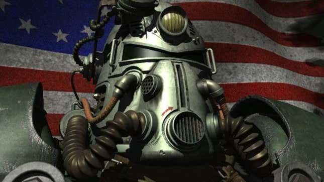 A power armor helmet is in front of the American flag