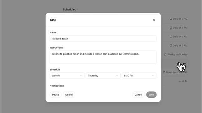 screenshot of ChatGPT's Task feature scheduling a reminder to practice Italian