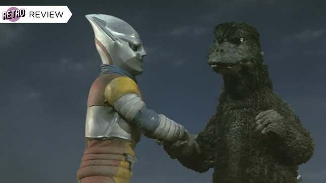 Jet Jaguar and Godzilla exchange a friendly handshake in 1973's Godzilla vs. Megalon.