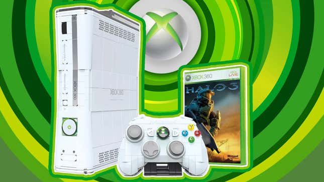A Mega Bloks Xbox 360 sits in front of the console's menu background. 