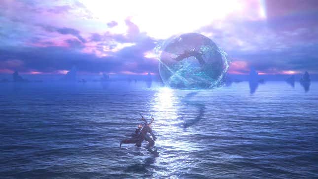 Ifrit looks at Leviathan who is encased in a large watery sphere.
