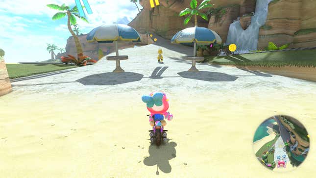 A character stands before two umbrellas.