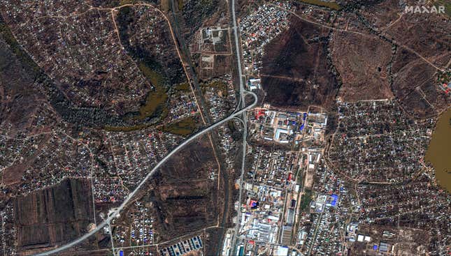 This image provided by Maxar Technologies, shows flooded areas in Orenburg, Russia, Saturday, April 6, 2024. (Satellite image ©2024 Maxar Technologies via AP)