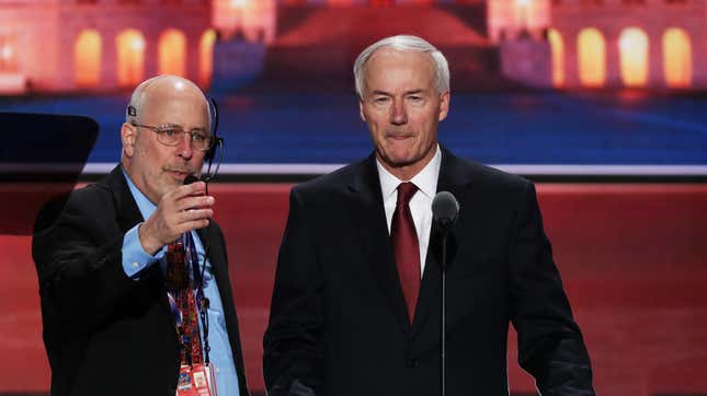 Arkansas Governor Asa Hutchinson, right, speaks at the Republican National Convention in July 2016 at Quicken Loans Arena in Cleveland, Ohio.