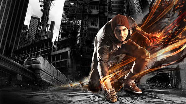 Wrapped in fire, Delsin from Infamous Second Son stares at the camera while punching the ground.
