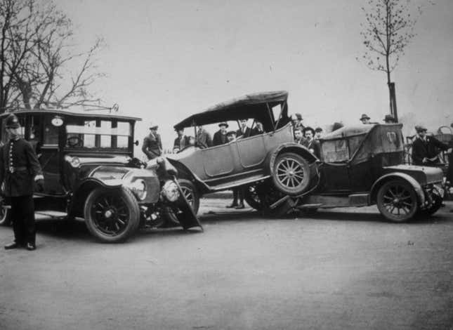 May 1924: Crashed cars in Finchley Road, north London