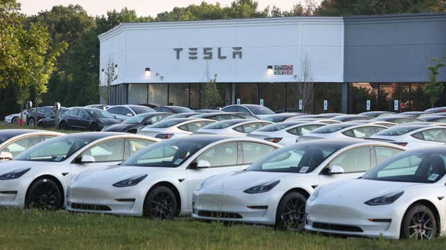 New Tesla electric vehicles fill the car lot at the Tesla retail location on Route 347 in Smithtown, New York on July 5, 2023. 