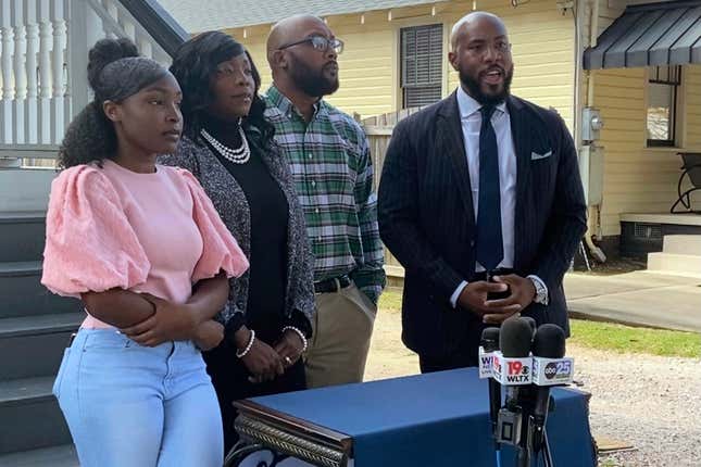 Marissa Barnwell, a River Bluff High School student, her parents and their lawyer, Tyler Bailey, hold a news conference in Columbia, S.C., on Thursday, March 9, 2023, regarding a lawsuit filed against Lexington School District One. Marissa said she was walking quietly to class and decided not to stop for the pledge or a moment of silence that followed. A teacher yelled at her, confronted her and pushed her against a wall. 