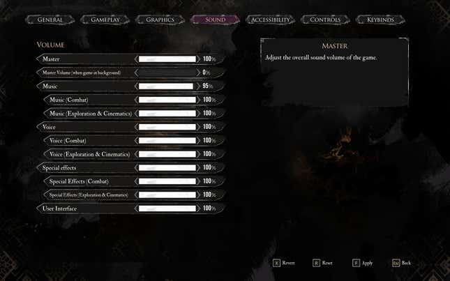 A screenshot of Clair Obscur shows sound settings.