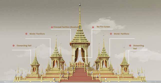 Different areas of the royal crematorium, replicas of which are being constructed nationwide.