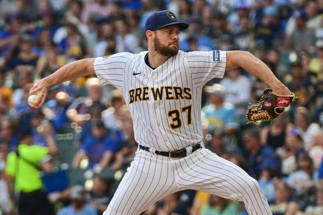 Oct 1, 2023; Milwaukee, Wisconsin, USA; Milwaukee Brewers pitcher Adrian Houser (37) pitches against the Chicago Cubs in the first inning at American Family Field.
