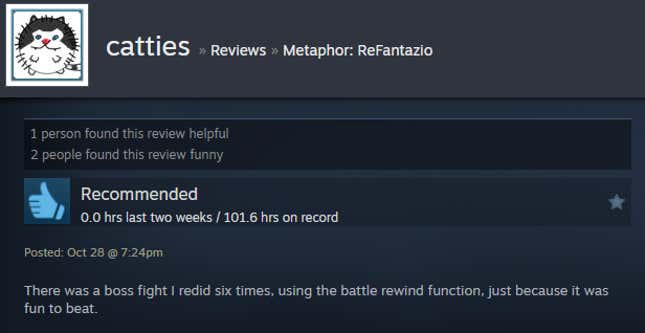 A screenshot shows a Steam review for Metaphor: ReFantazio.