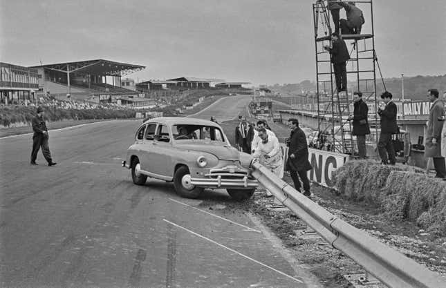 The testing of the new hydraulic crash barriers at Brands Hatch in Kent, UK, 23rd October 1965