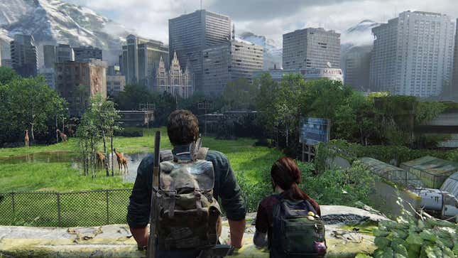 Joel and Ellie look out at ruins 