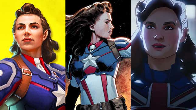 Three illustrations from left to right: Peggy Carter as Captain America in Marvel's Puzzle Quest, Marvel Comics' Exiles #3, and Disney+'s What If...?