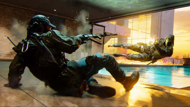 Two soldiers shoot at each other, one sliding on his hip, the other diving through the air. Also there's a swimming pool for some godforsaken reason.